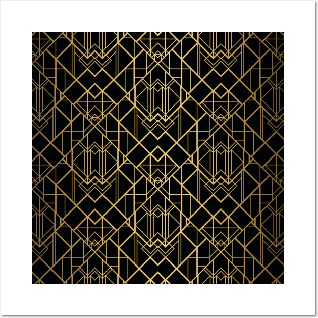 Black and Gold Vintage Faux Foil Art Deco Geometric Diamond Pattern Wall Art by podartist